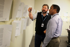 David Briscoe, content editor for LifeWay Adults, and Toby Jennings, managing editor of Explore the Bible, discuss content for Explore the Bible during an editorial meeting.